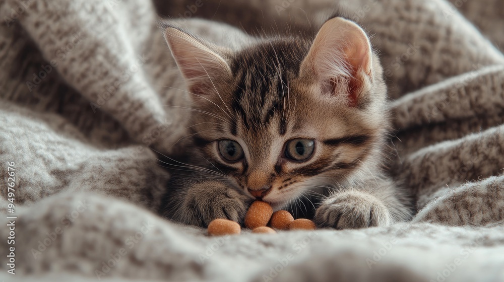A playful kitten batting at a pellet before eating it, with a cozy blanket in the background and space for text in the lower third A playful kitten batting at a pellet before eating it, with a cozy blanket in the background and space for text in the lower third