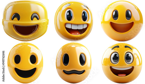 Yellow emoji faces with different expressions set isolated on transparent background photo