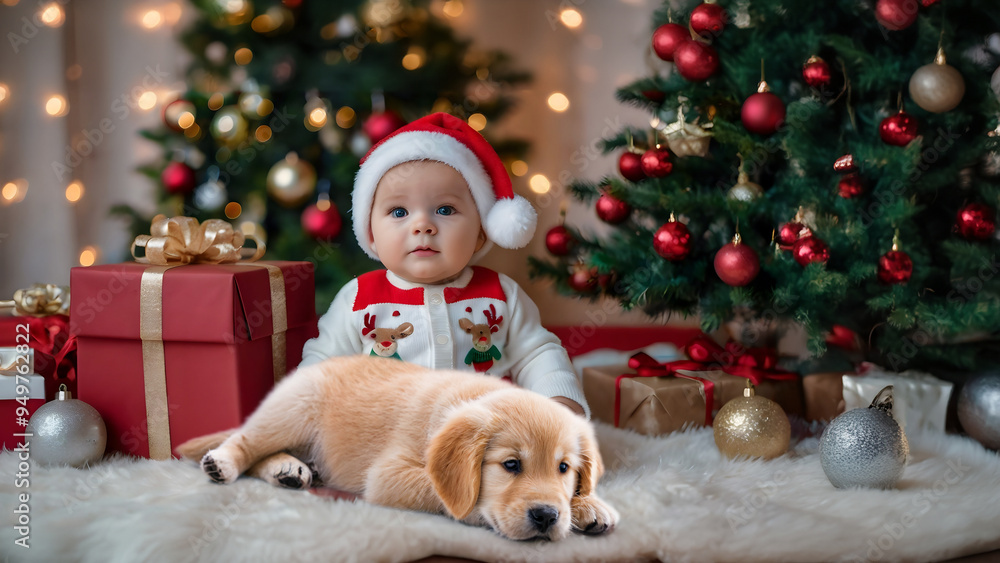 A Cute baby wearing a Christmas hat under a Christmas tree A Cute baby wearing a Christmas hat under a Christmas tree