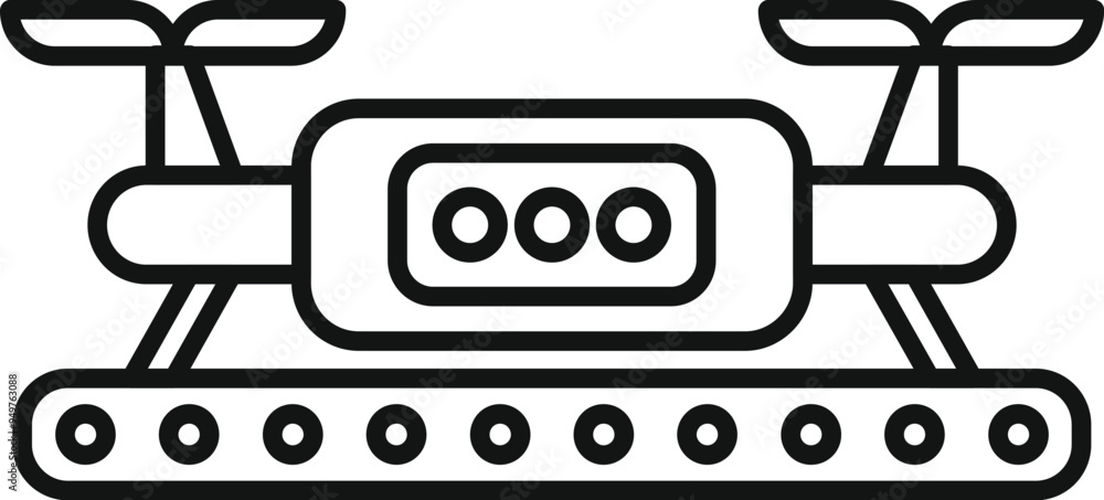 Simple outline icon of a drone transporting something on a conveyor belt Simple outline icon of a drone transporting something on a conveyor belt