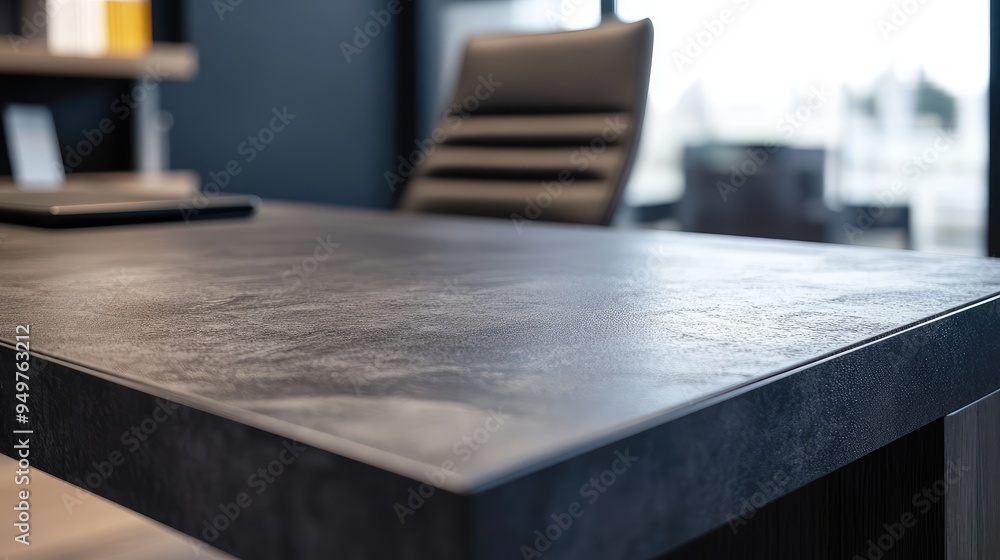 Dark gray desk close-up, focusing on the smooth, minimalist surface and modern design of the desktop. Dark gray desk close-up, focusing on the smooth, minimalist surface and modern design of the desktop.