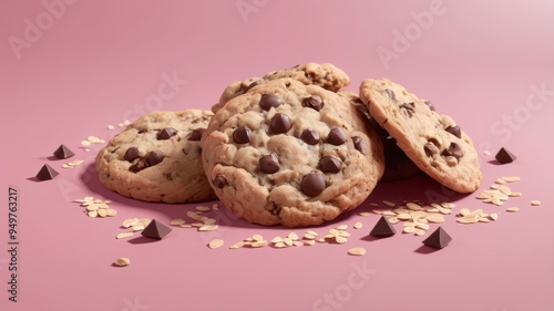 Oatmeal chocolate chip cookies on a pink surface