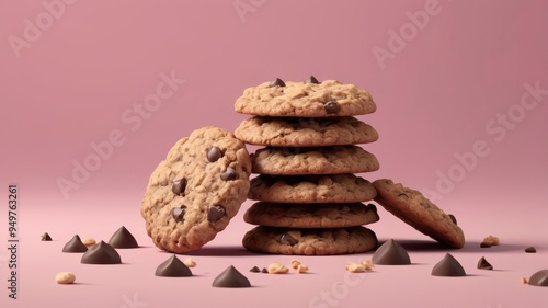Oatmeal chocolate cookies stacked on a pink background