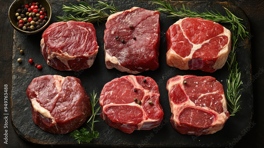 raw steaks top view on a black background. raw steaks top view on a black background.
