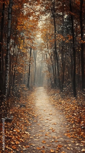A serene autumn path surrounded by trees, adorned with fallen leaves, offering a peaceful retreat into nature.