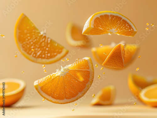 levitating orange cutted pieces, separated, white color background, photo