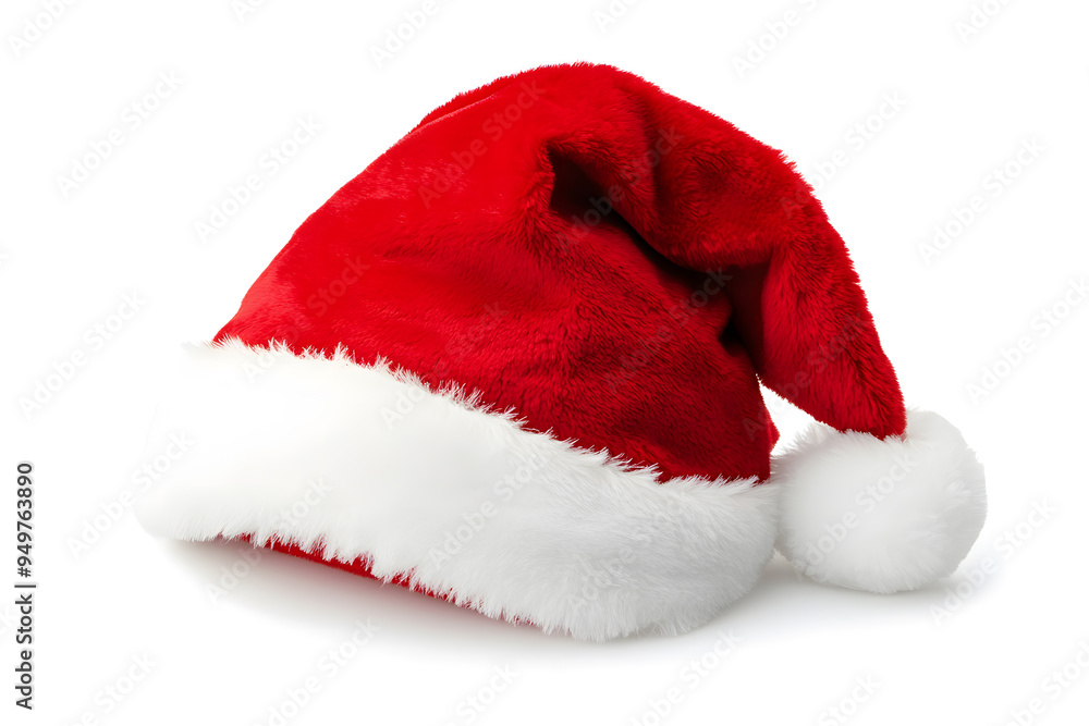 Realistic photo of a red Christmas Santa Claus hat with a white pompom, isolated on white background Realistic photo of a red Christmas Santa Claus hat with a white pompom, isolated on white background