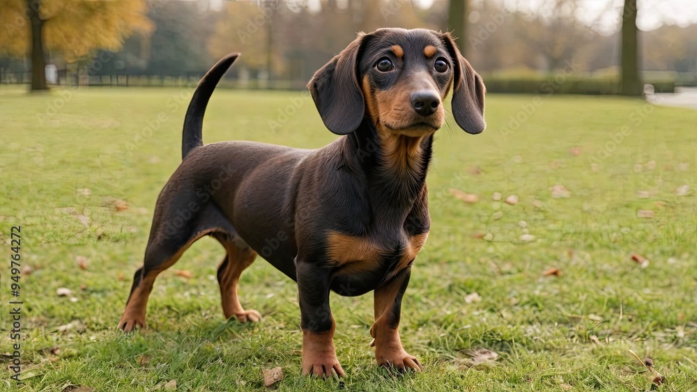 Chocolate and tan smooth haired dachshund dog in the park Chocolate and tan smooth haired dachshund dog in the park