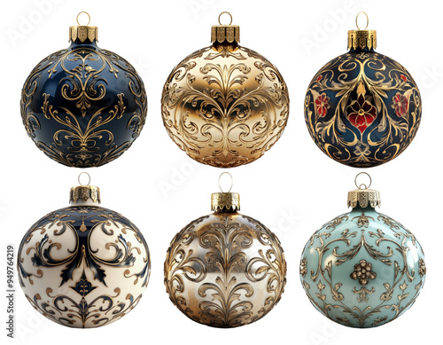 Decorative Christmas ornaments in different designs set isolated on transparent background photo