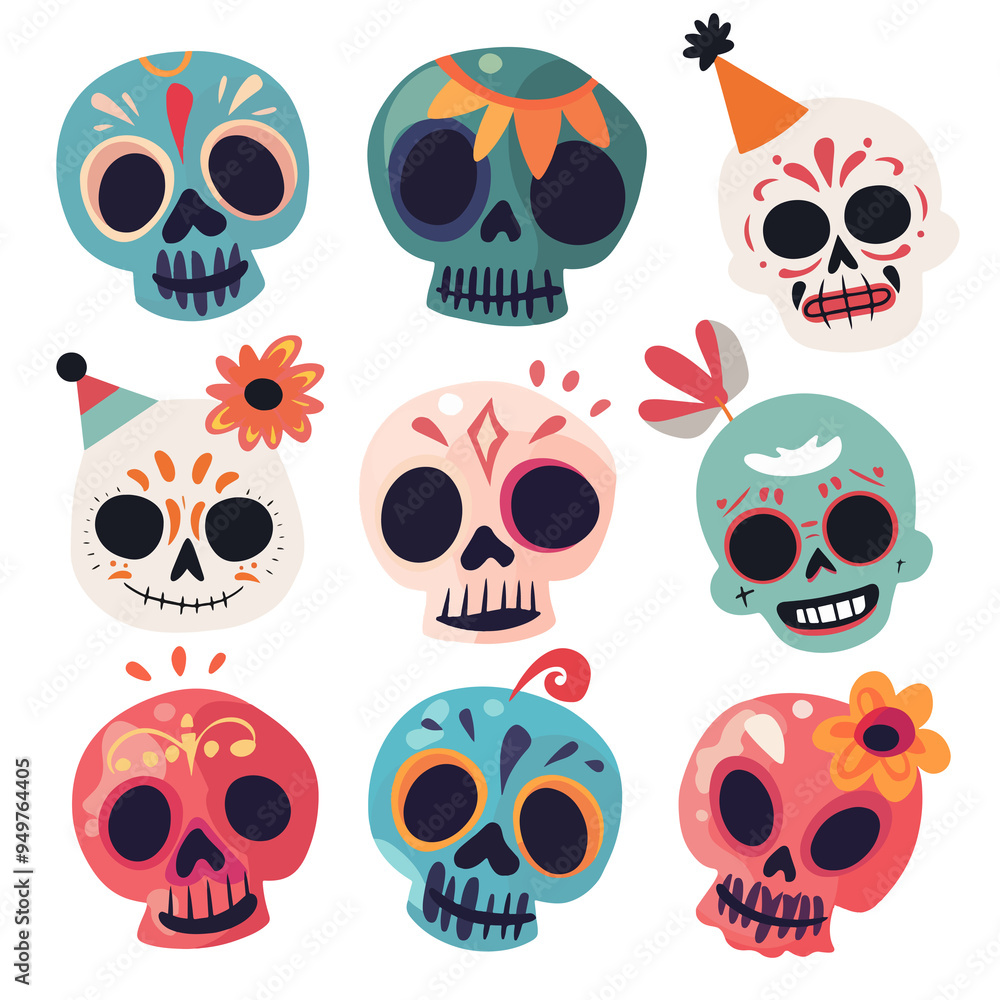 PNG sugar skull illustration design element set, transparent background PNG sugar skull illustration design element set, transparent background