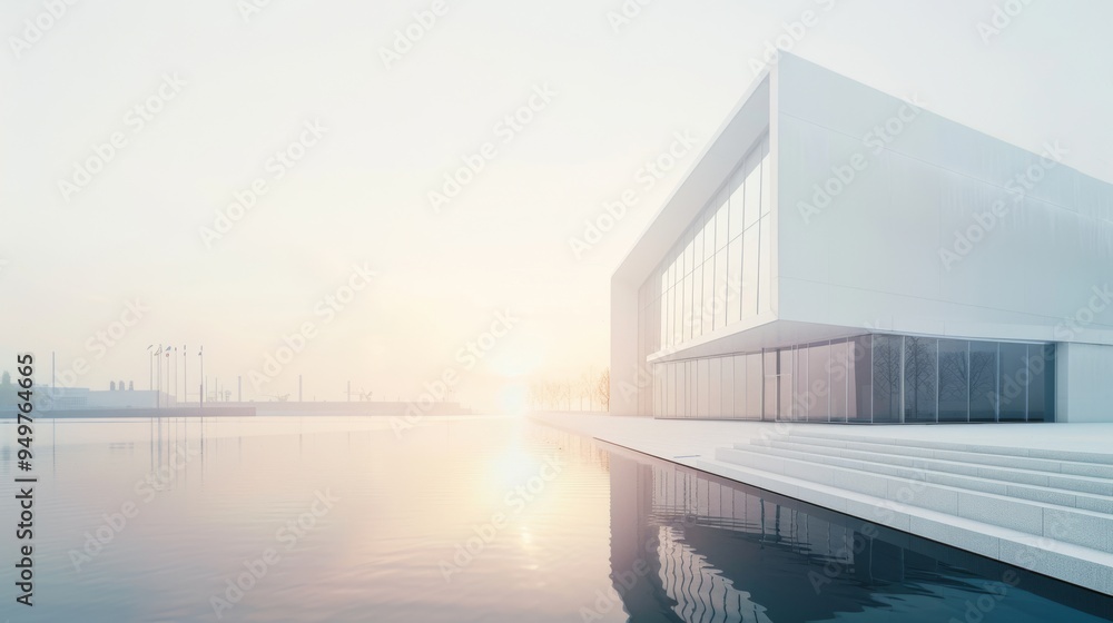 Modern, minimalist white building reflected in calm, still waters at sunrise, highlighting serene elegance and architectural beauty. Modern, minimalist white building reflected in calm, still waters at sunrise, highlighting serene elegance and architectural beauty.