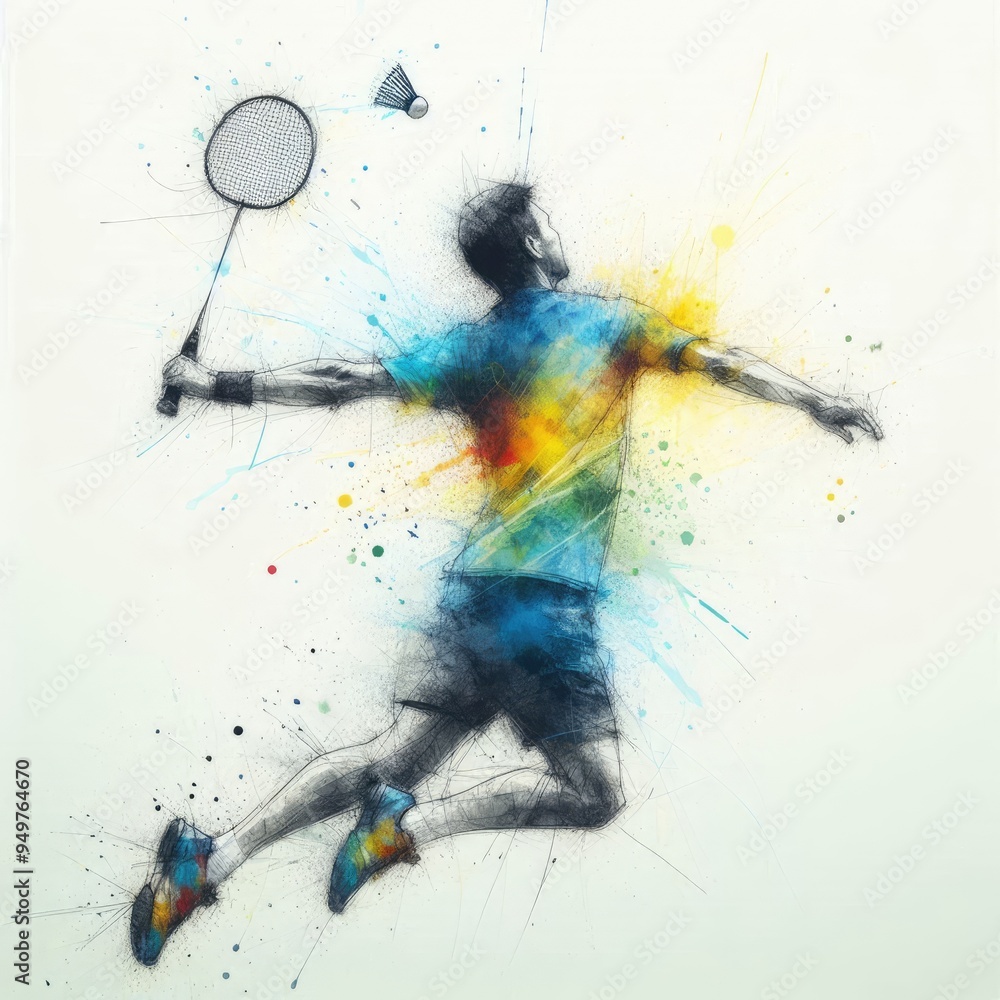 Dynamic Badminton Player: Artistic Sketch with Splash of Color with Generative AI. Dynamic Badminton Player: Artistic Sketch with Splash of Color with Generative AI.