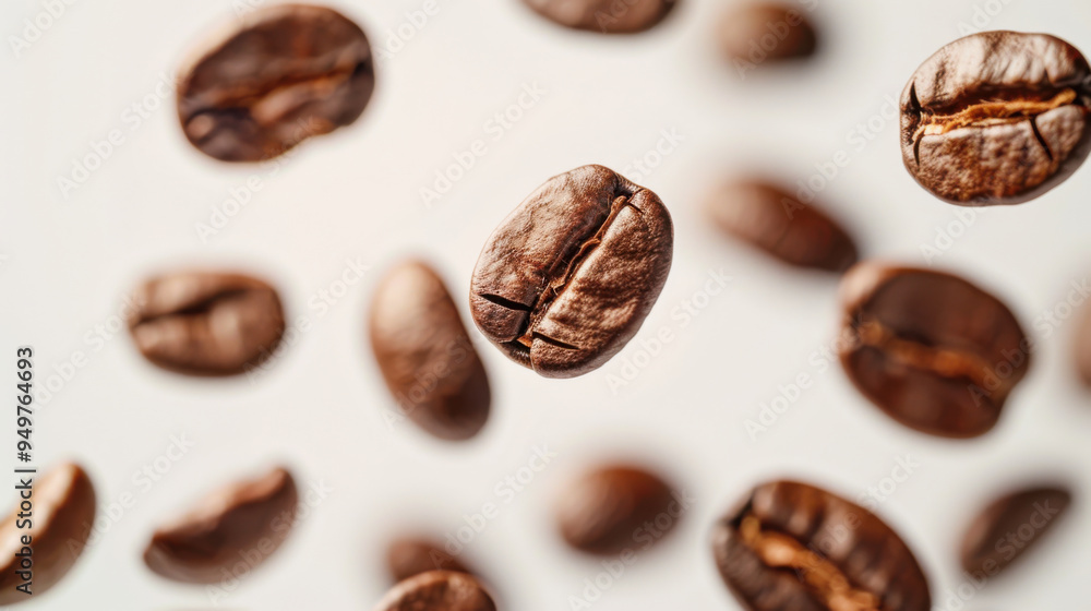 Various falling fresh ripe Coffee beans on light white background, horizontal composition Various falling fresh ripe Coffee beans on light white background, horizontal composition