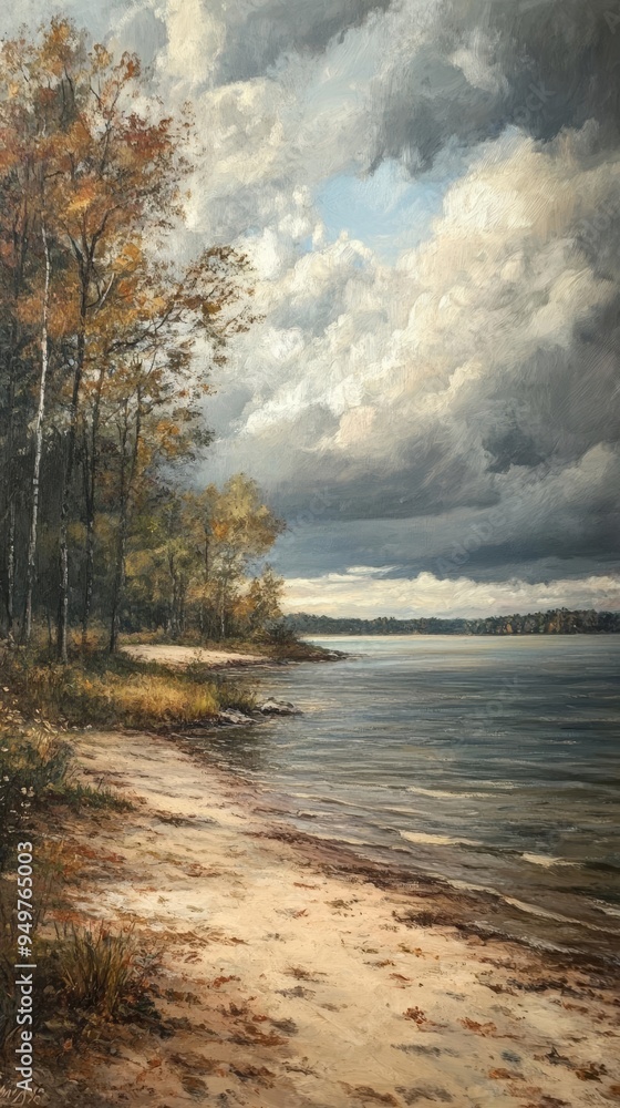 A serene riverside scene featuring tall trees, a sandy shore, and dramatic clouds above the tranquil water. A serene riverside scene featuring tall trees, a sandy shore, and dramatic clouds above the tranquil water.