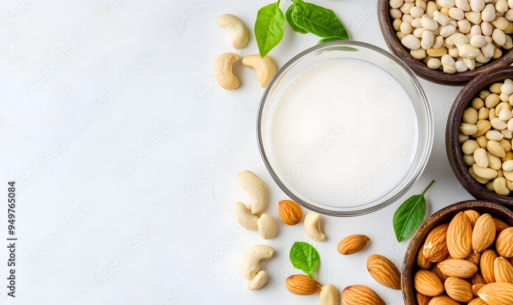 Vegan Milk Glass Surrounded by Almonds, Cashews, and Soybeans, Generative AI Vegan Milk Glass Surrounded by Almonds, Cashews, and Soybeans, Generative AI