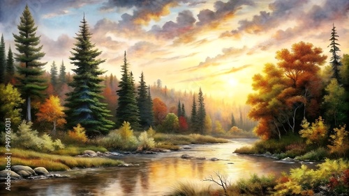 Colorful autumn landscape illustration at sunrise featuring a river and vibrant trees in a serene setting