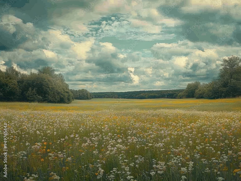 Obraz premium A serene landscape featuring a lush field of flowers under a dramatic sky, perfect for nature enthusiasts and outdoor lovers.