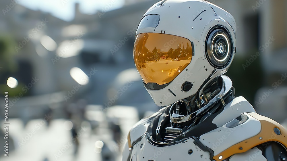 Robot with bright glowing eyes and radiant helmet for cutting-edge imagery Robot with bright glowing eyes and radiant helmet for cutting-edge imagery