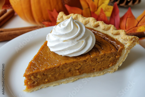 A Slice of Pumpkin Pie with Whipped Cream on a White Plate