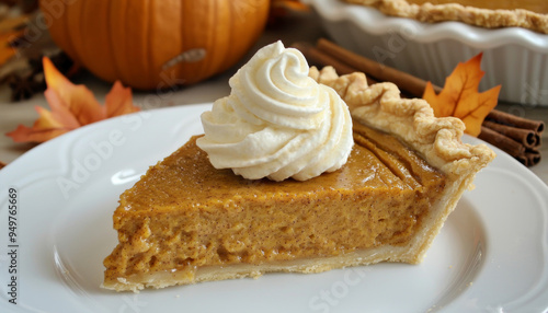 A Slice of Pumpkin Pie with Whipped Cream on a White Plate
