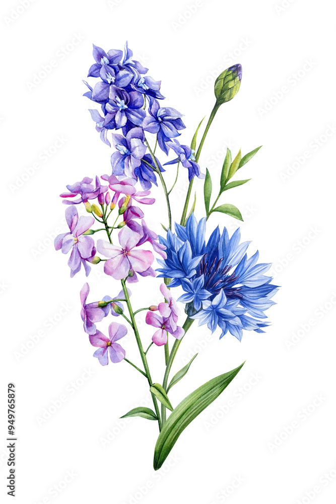 Obraz premium Flowers, branch leaves, buds on white background, watercolor illustration, floral clipart arrangements, wedding design