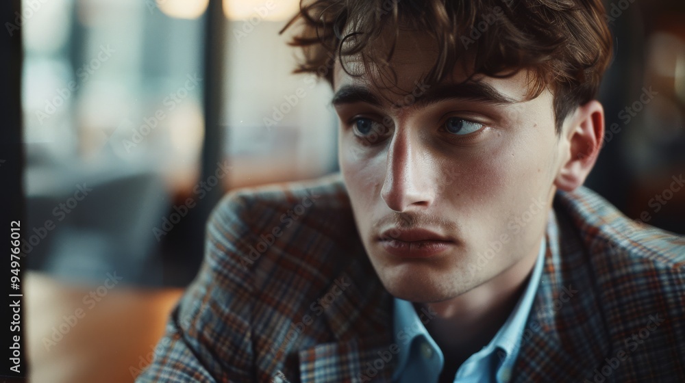 A somber young man in a checkered suit jacket sits in deep thought in a dimly lit space, immersed in contemplation. A somber young man in a checkered suit jacket sits in deep thought in a dimly lit space, immersed in contemplation.