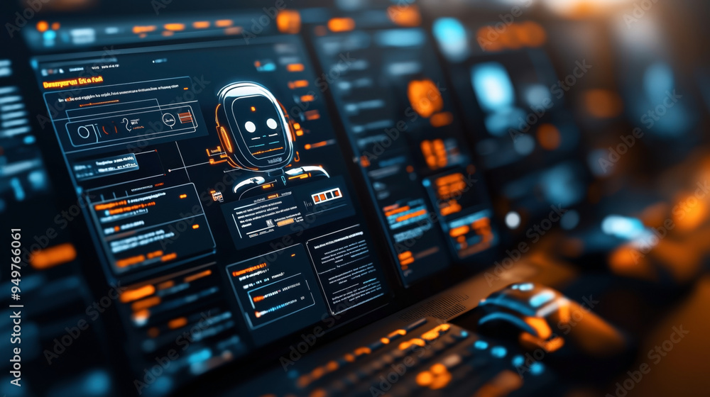 A close-up of a futuristic user interface displaying multiple data screens and a robot icon in a dimly lit control room. A close-up of a futuristic user interface displaying multiple data screens and a robot icon in a dimly lit control room.