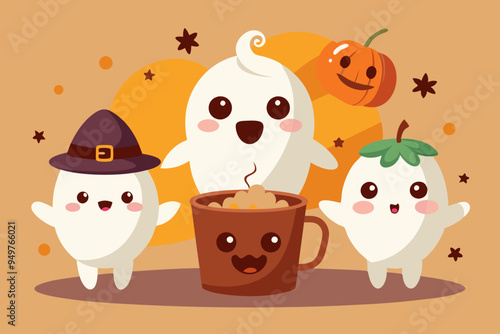 Cute Coffee Ghosts Vector - Adorable Halloween-Themed Design for Coffee Branding