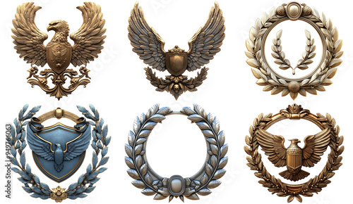 Various heraldic emblems with laurel wreaths set isolated on transparent background photo