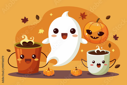 Cute Coffee Ghosts Vector - Adorable Halloween-Themed Design for Coffee Branding