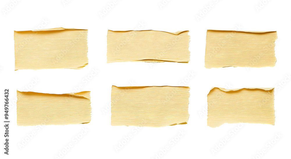 six pieces / strips of ripped yellow textured adhesive kraft paper / masking tape, attach something or use as labels and add some text - isolated design element six pieces / strips of ripped yellow textured adhesive kraft paper / masking tape, attach something or use as labels and add some text - isolated design element
