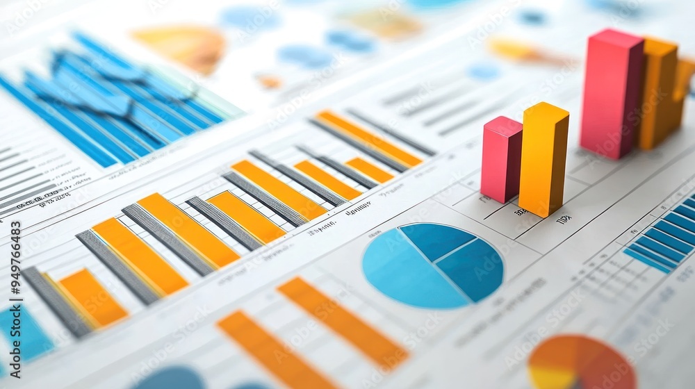 A selection of colorful charts and graphs including bar graphs and pie charts, representing business data analysis on a printed paper. A selection of colorful charts and graphs including bar graphs and pie charts, representing business data analysis on a printed paper.