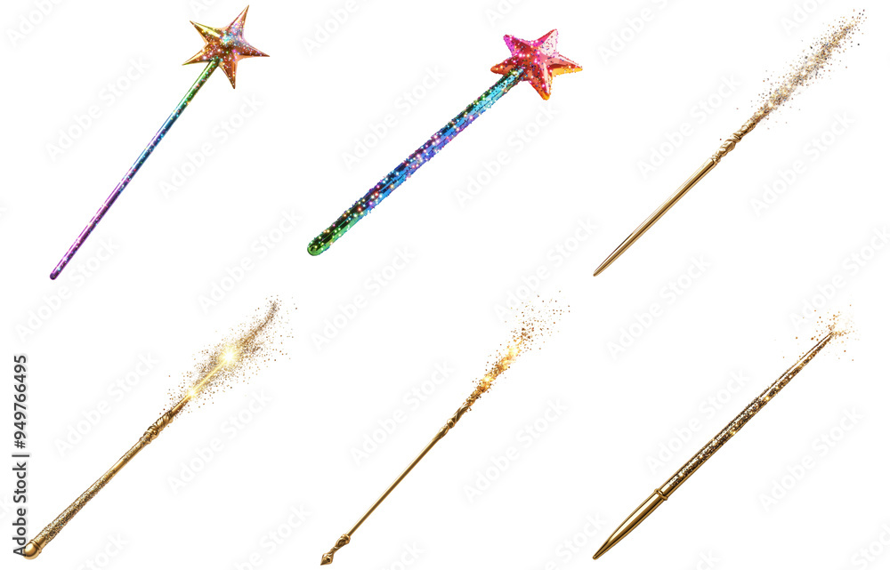 Colorful star-tipped wands with glittering trails isolated on transparent background Colorful star-tipped wands with glittering trails isolated on transparent background