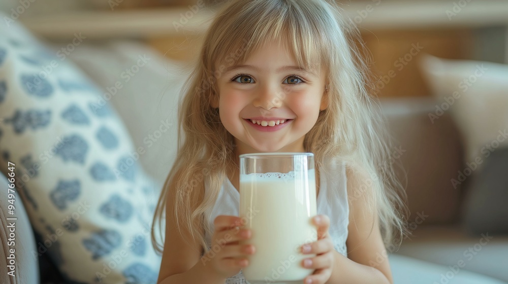 Smiling Girl Enjoying a Healthy Glass of Milk in a Cozy Living Room Setting Smiling Girl Enjoying a Healthy Glass of Milk in a Cozy Living Room Setting