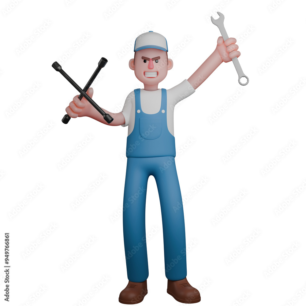 Male Mechanic 3D Professional. A mechanic is standing with his left hand raised upwards holding the crank and right hand holding a 4-pole crank. Technical Cartoon Male Mechanic 3D Professional. A mechanic is standing with his left hand raised upwards holding the crank and right hand holding a 4-pole crank. Technical Cartoon