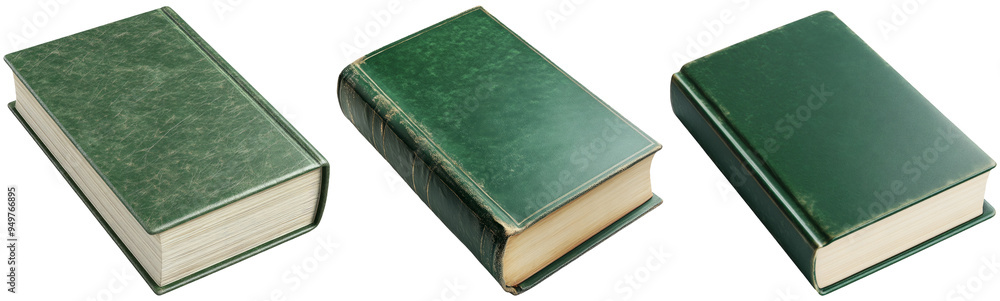 Three green books in different positions isolated on transparent background Three green books in different positions isolated on transparent background