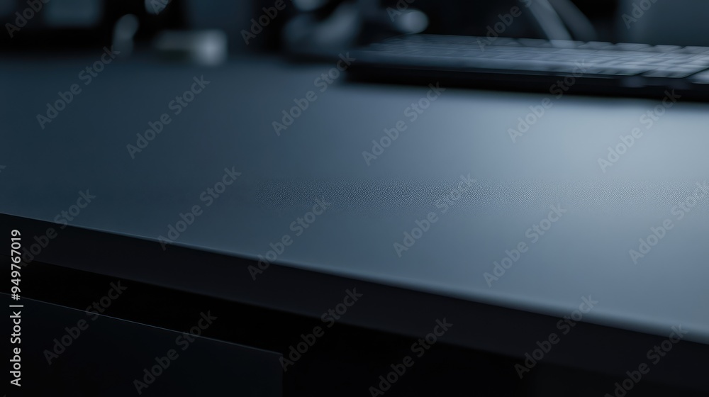 Detailed view of a dark gray desk desktop, highlighting the clean lines and simple design of the surface. Detailed view of a dark gray desk desktop, highlighting the clean lines and simple design of the surface.