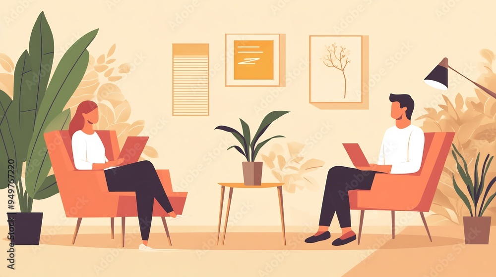 Vector illustration of mental health support showing therapist and patient in a calm supportive environment Vector illustration of mental health support showing therapist and patient in a calm supportive environment