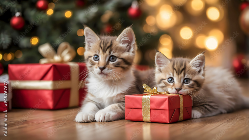 Two kittens under a Christmas tree with Christmas presents Two kittens under a Christmas tree with Christmas presents