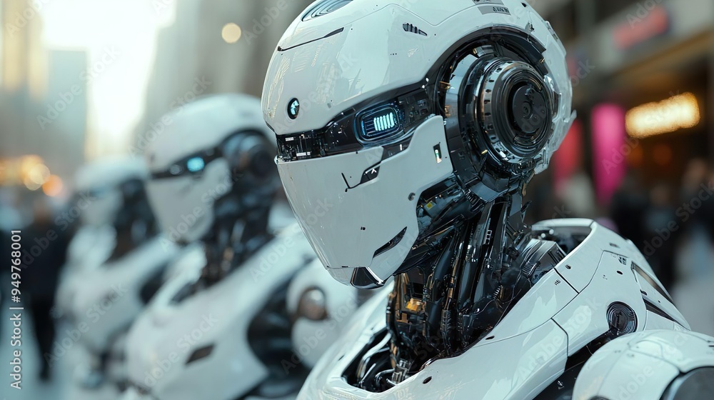 Robot with illuminated helmet and radiant eyes for high-tech digital designs Robot with illuminated helmet and radiant eyes for high-tech digital designs