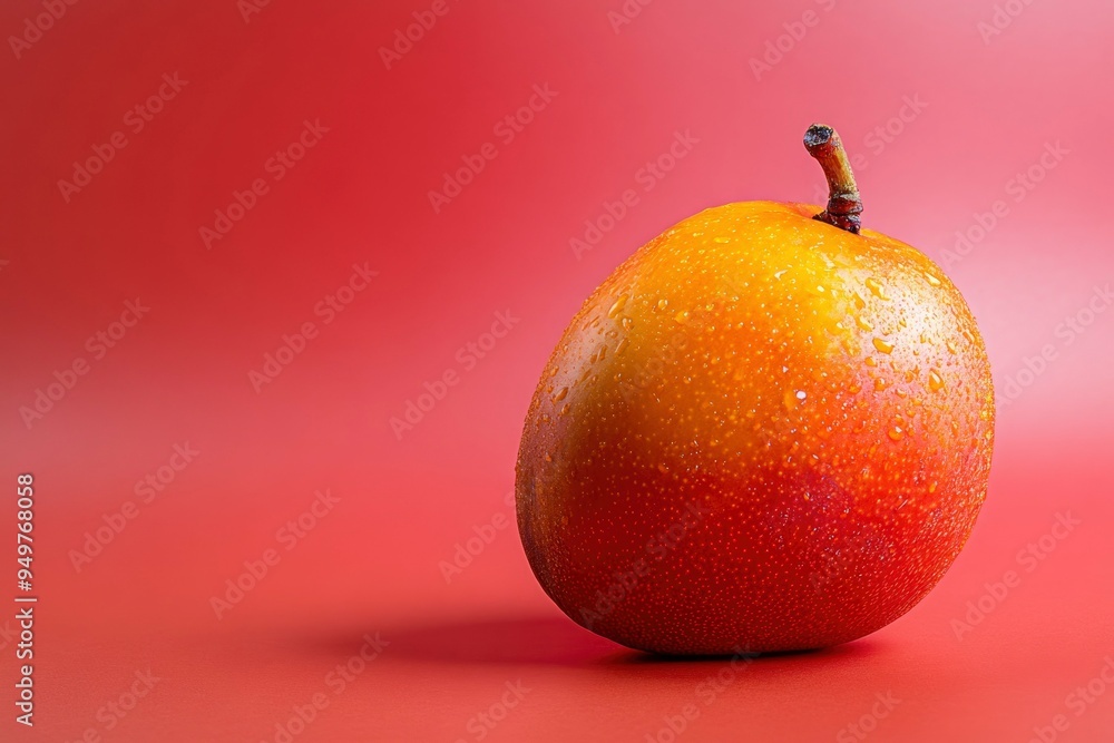 A Single Ripe Mango with Dewdrops on a Red Background A Single Ripe Mango with Dewdrops on a Red Background