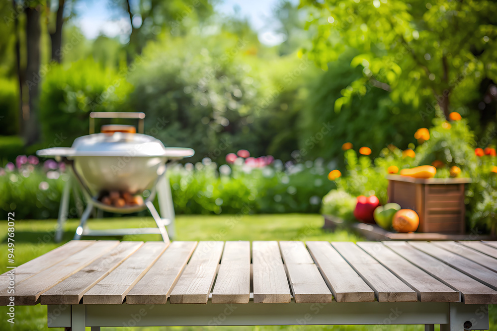 White wooden table on backyard garden with BBQ grill blurred background, Space for product montage White wooden table on backyard garden with BBQ grill blurred background, Space for product montage