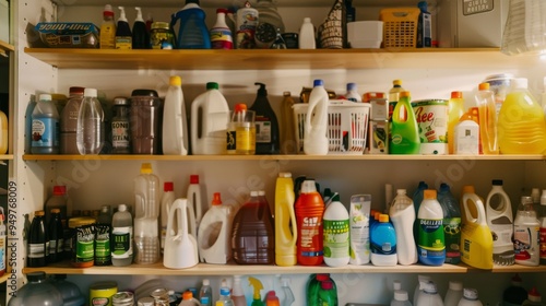 A neatly organized storage shelf brimming with various household cleaning products, each arranged by size and type.