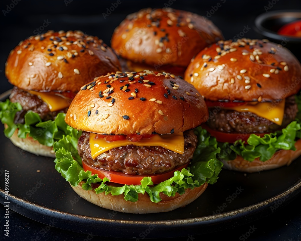Delicious Gourmet Burger Sliders with Cheese Lettuce and Tomato on Dark Background Delicious Gourmet Burger Sliders with Cheese Lettuce and Tomato on Dark Background