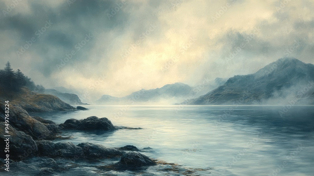 A serene landscape with misty mountains and calm waters, capturing the essence of tranquility and natural beauty.