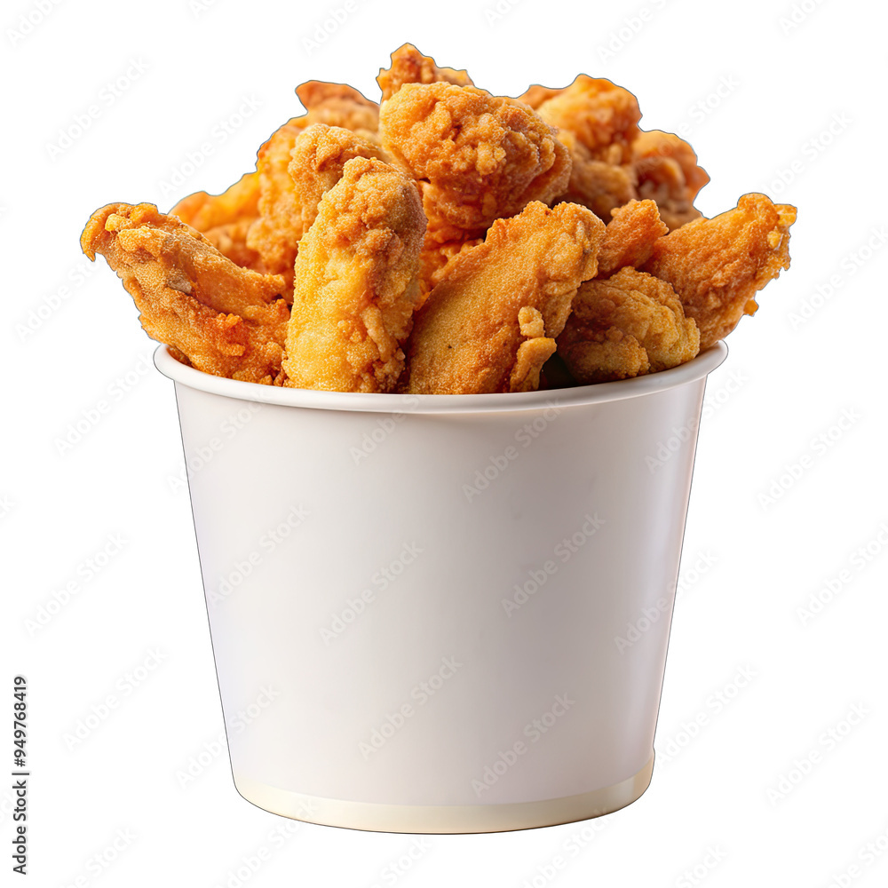 A white paper bucket overflowing with golden-brown chicken tenders A white paper bucket overflowing with golden-brown chicken tenders