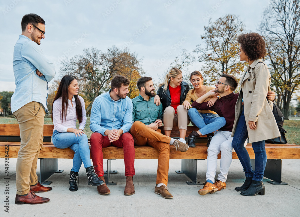 Fototapeta premium fun friend youth young group woman lifestyle friendship happy student outdoor together cheerful happiness education summer smiling man girl startup start up business