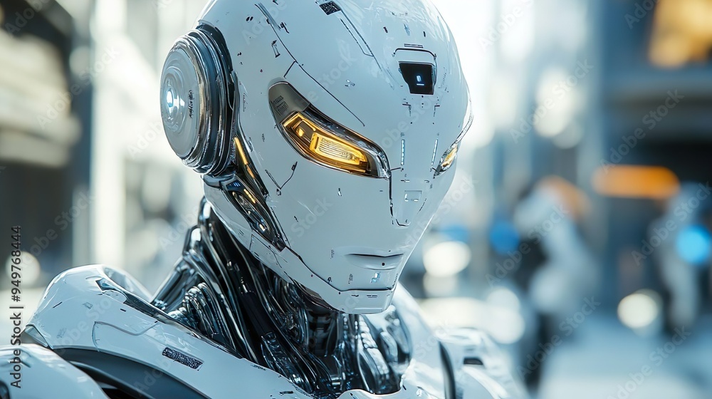 Futuristic robot showcasing illuminated helmet and eyes for high-tech visuals Futuristic robot showcasing illuminated helmet and eyes for high-tech visuals
