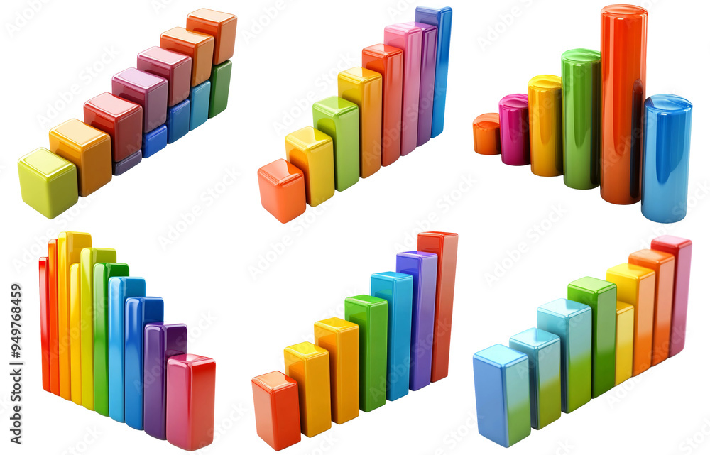 Colorful 3D bar charts in different styles and heights isolated on transparent background Colorful 3D bar charts in different styles and heights isolated on transparent background