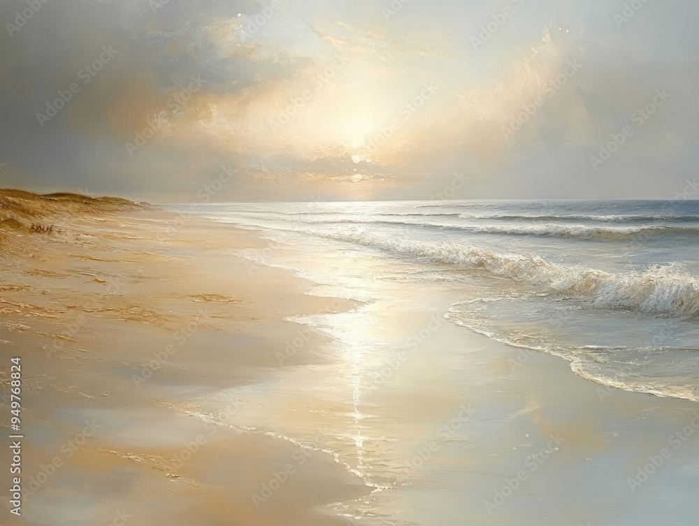 Fototapeta premium A serene beach scene at sunrise, capturing gentle waves and soft light reflecting on the sand, perfect for relaxation and tranquility.